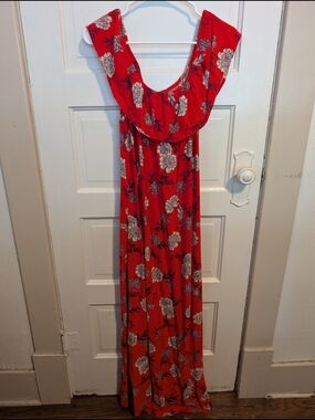 Red Floral Bohemian Summer Maxi Dress with Ruffle Off Shoulder Neckline Viscose